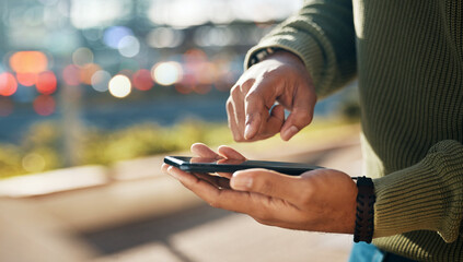 Poster - Phone, hands and outdoor chat, network or social media for startup business or freelance marketing in city bokeh. Person typing on mobile app for information, contact or travel FAQ in urban street