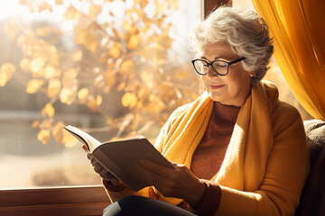 Wall Mural - Beautiful senior lady reading a book by a window on sunny autumn day. Elderly woman enjoying nice fall weather.