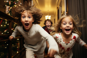 Two cute little children wearing pajamas running down the stairs by decorated Christmas tree on festive Christmas morning. Celebrating holiday at home. Traditional festive season.