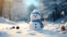 Little Snowman In Forest With Hat And Scarf In The Snow, Winter Is Coming, Carrot Nose