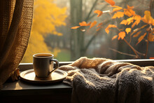 Cozy Warm Autumn Composition With Cup Of Hot Coffee, Cozy Plaid Blanket And Autumn Leaves By A Window On Sunny Day. Autumn Home Decor. Fall Mood. Thanksgiving. Halloween.