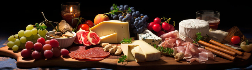 A blue cheese plate with cheese panorama with French, Italian, and Spanish cheeses