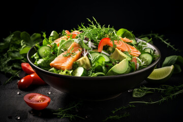 Vegetable salad with salted salmon in a glass, black bowl.