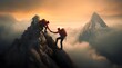 Summit Ascent, Climbers Helping Each Other in Mountainous Terrain, Hiker helping friend reach the mountain top, Generative Ai