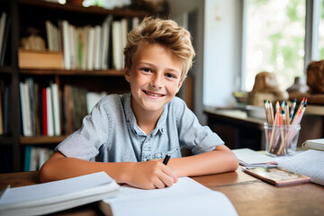 Happy child doing his homework at home. Childhood and education at elementary school. Reading for kids.