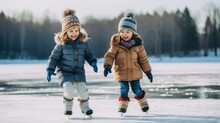 Children Bundled Up In Winter Gear As They Take Their First Steps Onto The Frozen Pond. Their Expressions Of Wonder And Delight As They Learn To Ice Skate Make For Heartwarming And Endearing Images.