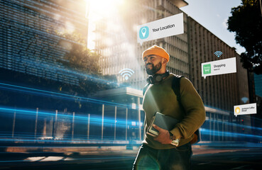 Poster - Augmented reality, connection and student walking in city with hologram for futuristic internet travel in outdoor town. Digital, digital and man commute in metaverse location with online technology