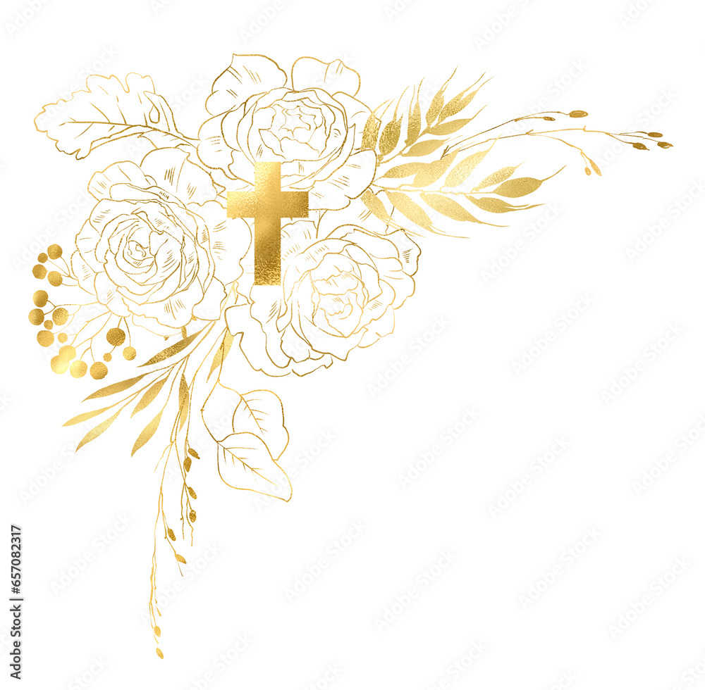 Gold linear Vintage rose bouquet, border, frame with holy cross. Gold ...