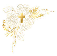 Gold Linear Vintage Rose Bouquet, Border, Frame With Holy Cross. Gold Floral Cross, Golden Christian Cross And Flowers, Christian Symbol Floral Design, Gold Floral Pattern
