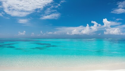 Wall Mural - Sandy beach on sunny day with white sand and rolling calm wave of turquoise ocean, white clouds in blue sky background