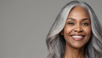 Sticker - Happy smiling aging mature woman with long gray hair and smooth healthy skin in beauty and cosmetics skincare advertising concept