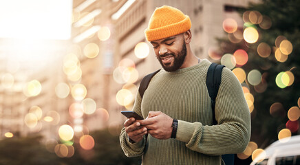 Poster - Phone, man and outdoor chat, network and social media for startup business or freelance marketing in city bokeh. African person typing on mobile for information, contact or travel FAQ in urban street