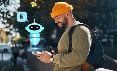 Aufkleber - Happy man, phone and city with hologram for chat bot, automatic response or communication in town. Male person or student smile with mobile smartphone or AI app for networking or online assistance
