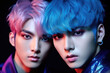 Two asian men with different hair colors, blue and pink