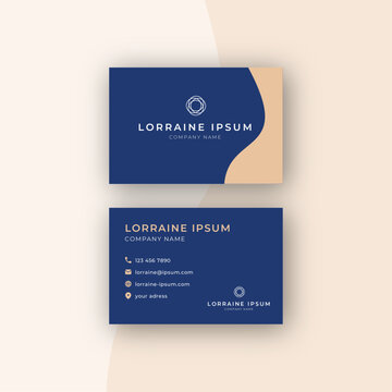 Carte de visite moderne et minimaliste. Carte de visite  vectorielle, professionnelle, élégante, arrière-plan bleu, et éléments or. Logo fleur, vague, organique, arrondie, luxe