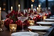 © Elen Nika - Christmas dinner table setting red roses, candles and Christmas balls