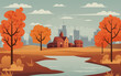 Autumn landscape, city silhouette. Lake, vibrant fields, orange trees and a charming countryside house beneath a autumn sky, perfect for banners and posters celebrating the harvest season not AI