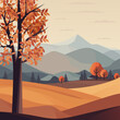 Autumn morning landscape vector illustration. Rolling hills, lush meadows, and vibrant trees, mountains on the background make it ideal for posters and banners celebrating the season not AI