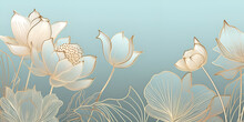 Golden Lotus Line Arts On Light Blue Background Luxury Gold Wallpaper Design Wedding Background