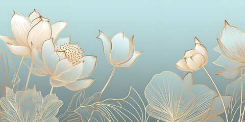 Golden lotus line arts on light blue background luxury gold wallpaper design wedding background