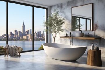 Wall Mural - 3D rendering of a minimalist bathroom with a freestanding tub and cityscape views, Generative AI