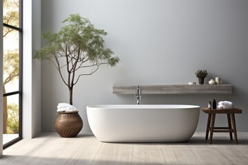 Wall Mural - 3D rendering of a minimalist bathroom with a freestanding tub and cityscape views, Generative AI