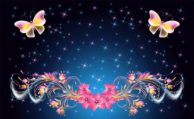 Wall Mural - Fairytale night sky with magical butterflies and floral golden ornament and stars. Fantasy sparkle background.