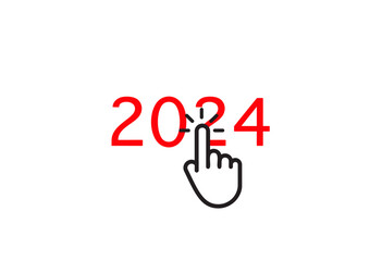 Poster - Hand points to the year 2024 in a modern, nostalgic design. Perfect for web banners, cards, calendars and more. Vector illustration