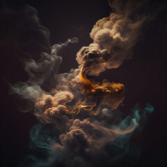 Wall Mural - Scattered smoke composition, vibrant dark dust clouds with golden shadow, background for ui or wallpaper, generative ai