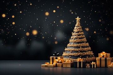 Wall Mural - White christmas tree golden decoration New year background, Christmas background AI generated image