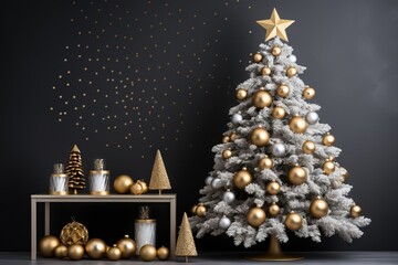 Wall Mural - White christmas tree golden decoration New year background, Christmas background AI generated image