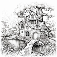 Wall Mural - Printable coloring sheets. Cartoon black and white illustration of a fairy-tale house in the forest on the lake. Generative AI