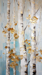 Wall Mural - Vertical oil painting of birch branches with gold leaves. Printable wall art. Generative AI