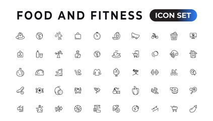 Wall Mural - Food and fitness linear icons collection.Set of thin line web icon set, simple outline icons collection, Pixel Perfect icons, Simple vector illustration.