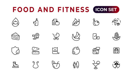 Wall Mural - Food and fitness linear icons collection.Set of thin line web icon set, simple outline icons collection, Pixel Perfect icons, Simple vector illustration.