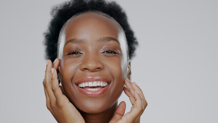 Canvas Print - Hands on face, skincare and beauty of black woman in studio isolated on gray background mockup space. Portrait, touch and happy model in spa facial treatment, wellness or natural cosmetics for health