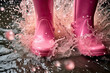 close up of pink boots in puddle