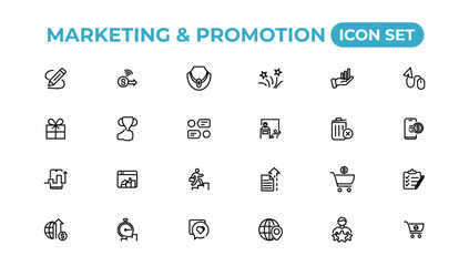 Fototapete - Marketing and promotion linear icons collection.Set of thin line web icon set, simple outline icons collection, Pixel Perfect icons, Simple vector illustration.
