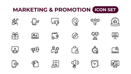 Fototapete - Marketing and promotion linear icons collection.Set of thin line web icon set, simple outline icons collection, Pixel Perfect icons, Simple vector illustration.