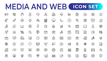 Poster - media and web icons in line style. data analytics,digitalmarketing, management, message, phone. vect