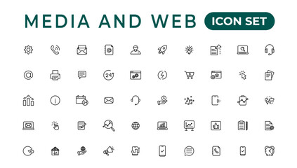 Poster - media and web icons in line style. data analytics,digitalmarketing, management, message, phone. vect