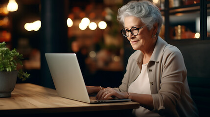 Old person, happy, working on laptop computer in cafe at table. Senior adult with glasses using laptop