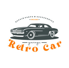 Vintage or retro or classic car logo design, vector illustration. Retro emblem of car repair, restoration and club design element.