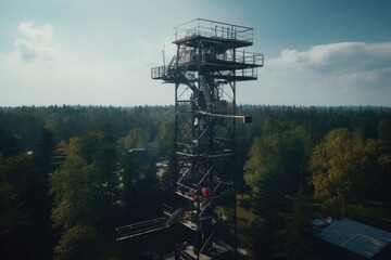 Aufkleber - A tall tower standing in the midst of a dense forest. This image can be used to depict mystery, solitude, or the beauty of nature.