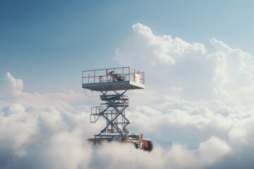 Poster - A man sitting on top of a tower in the clouds. This image can be used to depict solitude, adventure, or reaching new heights.