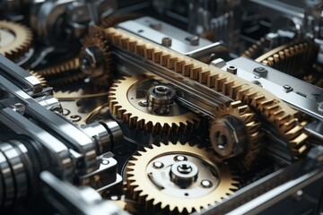 Poster - A close-up view of the gears inside a machine. This image can be used to illustrate the intricate workings of machinery or to represent the concept of precision and efficiency.
