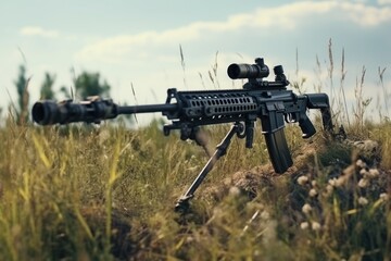 Poster - A machine gun is positioned on top of a grass-covered field. This image can be used to depict military or warfare concepts.