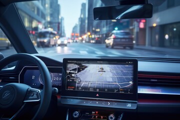 Poster - a view of a city captured from inside a car. perfect for showcasing urban landscapes and city life.