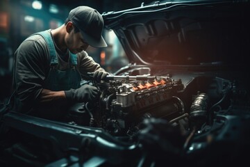Poster - A man is seen working on a car engine in a garage. This image can be used to depict car repairs or maintenance.