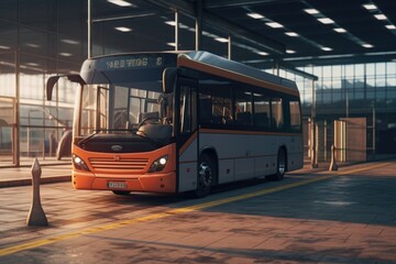 Poster - An orange and white bus parked at a bus stop. This image can be used to depict public transportation or commuting.
